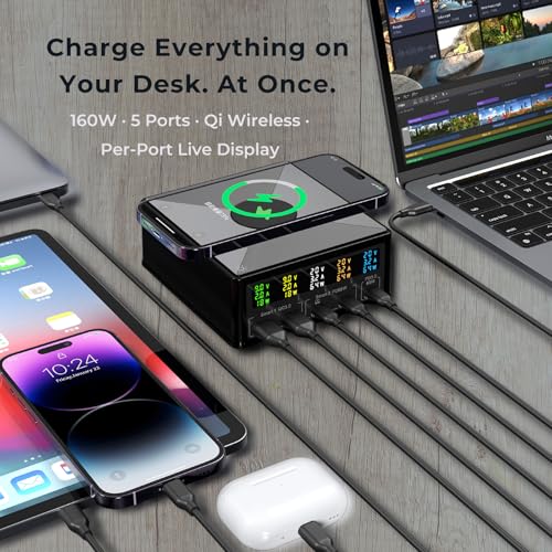 160W Desktop Charger Station with Wireless Charging Pad & Per-Port Display