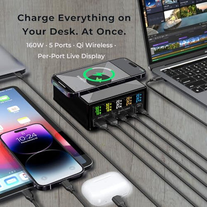 160W Desktop Charger Station with Wireless Charging Pad & Per-Port Display