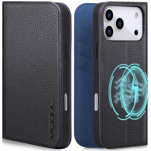 VISOUL Pebbled Leather Wallet Case for iPhone 17 Pro Max 6.9" 2025, Genuine Leather Flip Folio Cover with RFID Blocking Card Holders, Kickstand, Soft TPU Protective Flip Cover -Black+Blue - color: Black+Blue