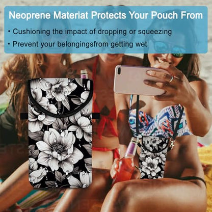 Neoprene Cell Phone Sleeve Pouch Case Bag with Crossbody Strap Neck Lanyard for Women 7.5 X 4.3 in Flower Black - color: Flower Black 1