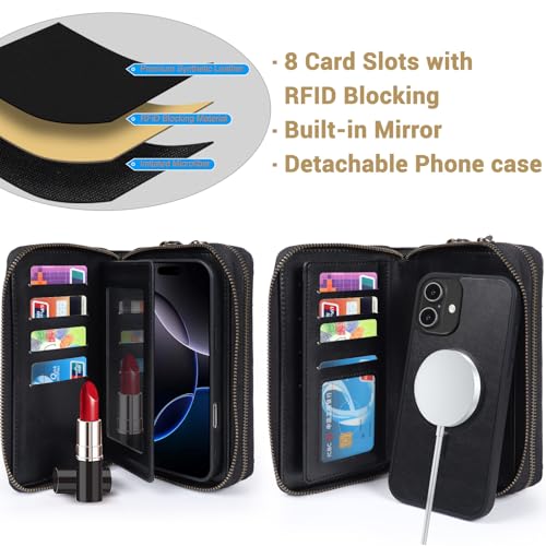 Harryshell Compatible with iPhone 17 Case Wallet Multi Zipper Detachable Removable Cover Purse with RFID Blocking Card Slots Holder Mirror Crossbody Strap (Compatible with Magsafe - Black) - color: Compatible with Magsafe - Black, size: iPhone 17