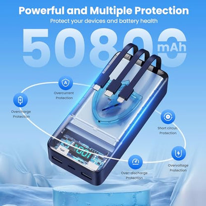 Portable Charger 50800mAh Power Bank with 3 Built in Cables,25W PD QC4.0 Fast Charging USB C Battery Pack,6 Outputs 2 Inputs Travel Essentials Phone Charger for iPhone 18/17/16/15/Pro,Android,Blue - color: Blue