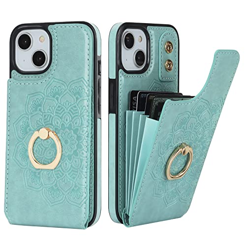 HAOPINSH for iPhone 13/ iPhone 14 Wallet Case with Card Holder, 360°Rotation Ring Kickstand, Green Mandala Pattern, RFID Blocking Leather for Girls Women, Double Buttons Flip Protective Cover 6.1" - color: Green Mandala