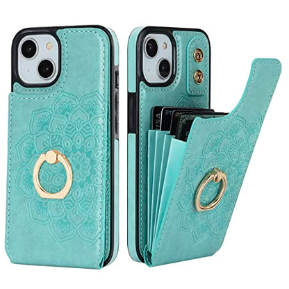 HAOPINSH for iPhone 13/ iPhone 14 Wallet Case with Card Holder, 360°Rotation Ring Kickstand, Green Mandala Pattern, RFID Blocking Leather for Girls Women, Double Buttons Flip Protective Cover 6.1" - color: Green Mandala
