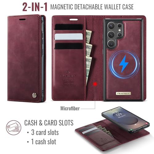 for Samsung Galaxy S25 Ultra 2in1 Detachable Wallet Case, Burgundy | Compatible with Magsafe, Magnetic, RFID Blocking Card Holder, Shockproof, Kickstand, Wireless Charging, PU Leather Flip Cover - color: Retro Burgundy, size: Galaxy S25 Ultra - 6.9"