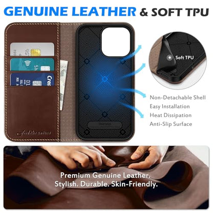 SHIELDON Genuine Leather Wallet Case for iPhone 16 Pro Max, Retro Coffee | Magnetic Closure, RFID Blocking, Credit Card Holder, Viewing Stand, Folio Design, Shockproof Protective Cover - color: Retro Coffee