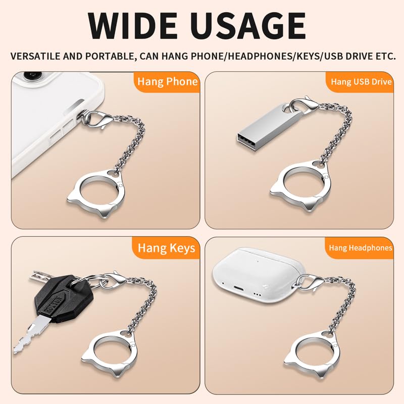 Metal Cat Head Phone Finger Grip Ring Chain Lanyard Keychain Holder Charm - color: Silver