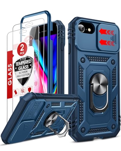 LeYi Compatible for iPhone SE 3rd/ 2nd Generation Case: 7/8/ SE 2022 2020 Phone Cover with Slide Camera Cover+ 2pcs Tempered Glass Screen Protector, Full Body Case with Kickstand for SE, Blue - color: Blue, size: iPhone 7/8/Se 2020 2022 (4.7'')