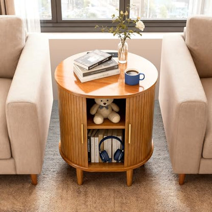 DHH Mid Century Modern Nightstand with Charging Station, Fluted Accent Side Table with Sliding Door & Adjustable Shelf, End Table for Small Space, Living Room, Bedroom,Sofa Couch(1, Yellow) - color: Yellow Walnut