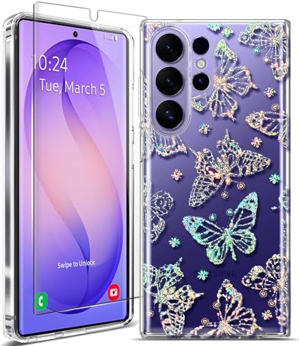 Clear Glitter for Samsung Galaxy S26 Ultra Case, Slim Shockproof Flower Cute Crystal Butterfly Bling Women Hard Back Soft TPU Bumper Protective Cover for Samsung S26 Ultra Screen Protector - color: Clear with Bling Butterfly, size: 6.9 inch (for S26 Ultra