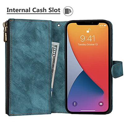iCoverCase Compatible with iPhone 13 Wallet Phone Case with Card Holder, PU Leather Zipper Pocket Magnetic Detachable Flip Case with Wrist Strap (Blue) - color: Detachable--Blue