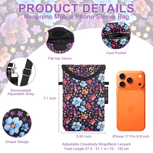 Flap Closure Secure Cell Phone Bag with Card Pocket for iPhone & Samsung - color: Purple Garden