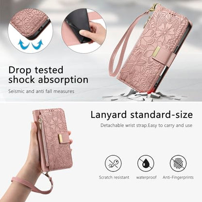 for iPhone 17 Phone Case Wallet, Pink | Built-in Card Holder (8-10 Cards), Zipper Pocket, Wrist Strap, Stand Kickstand, Flower PU Leather Protective Phone Case Women - color: Pink, size: iPhone 17
