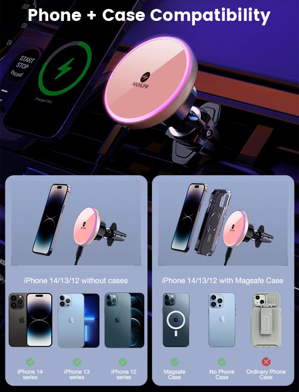 for Magsafe Car Mount Charger 15W LED RGB Car Phone Holder for Dash Vent - color: Pink