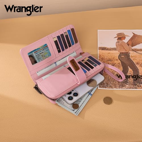 X Wrangler Women's Wallets Bifold Wristlet Wallets for Women Large Capacity Credit Card Wallet with ID Window - color: Leopard Pink
