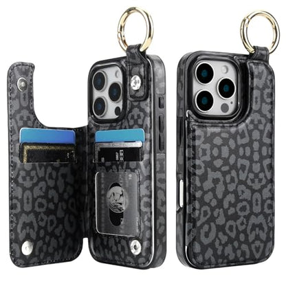 HAOPINSH for iPhone 16 Pro Wallet Case with Card Holder, Black Leopard Cheetah Print Back Flip Folio PU Leather Kickstand Card Slots Case, Finger Grip Ring Double Magnetic Clasp Shockproof 6.3" - color: Blue Florals Grip Ring