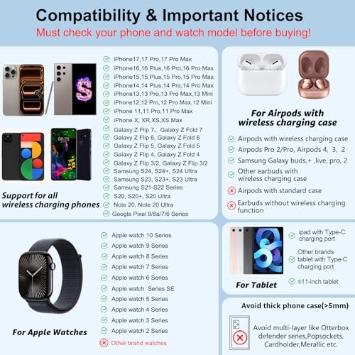 Wireless Charger 4 in 1 for Apple iPhone 17 Pro Max/16/15/14/13 Series, AirPods Pro 2, iPad Stand, Watch Charger for iWatch Series 10/9/8/7/6, Wireless Charging Station for Multiple Devices