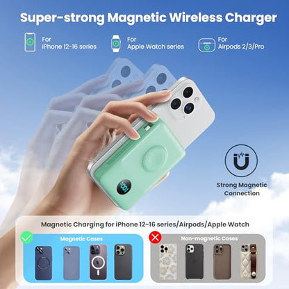 Ekrist Magnetic Portable Charger 10800mAh for MagSafe with Built-in Cable,iWatch Charger,Wireless Power Bank Travel Essentials,25W Fast Charging Battery Pack for iPhone 18/17/16/15,Apple Watch(Green) - color: Green