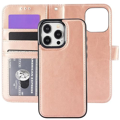 Bocasal Detachable Wallet Case Card Holder for iPhone 15 Pro Max Rose Gold | RFID Blocking Kickstand Card Slots Holder PU Leather Magnetic Shockproof Wrist Strap Removable Flip Protective Cover 6.7 inch - color: Rose Gold