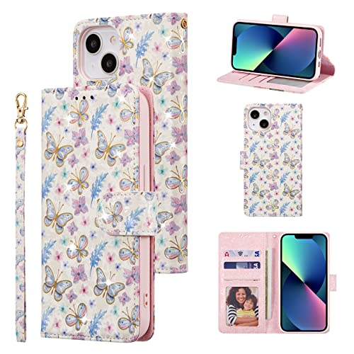 UEEBAI Wallet Case for iPhone 13, PU Leather Phone Cover Kickstand RFID Blocking Flip Case Card Slots Wrist Strap Relief Engraved Pattern Magnetic Closure Flower Folio Wallet, Butterfly - color: Butterfly, size: iPhone 13