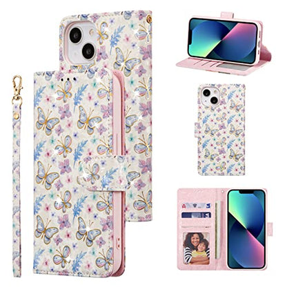 UEEBAI Wallet Case for iPhone 13, PU Leather Phone Cover Kickstand RFID Blocking Flip Case Card Slots Wrist Strap Relief Engraved Pattern Magnetic Closure Flower Folio Wallet, Butterfly - color: Butterfly, size: iPhone 13