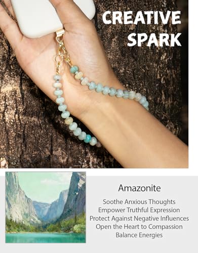 CH.yishi Beaded Phone Charm Wrist Strap with Tether Tab,Camera Lanyard - color: Amazonite