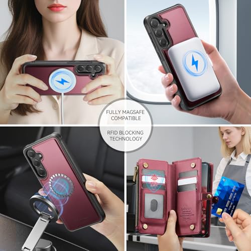 Defencase for Galaxy S25 Plus Case Wallet Compatible with Magsafe, Wine Red | Magnetic Detachable, RFID Bolcking Card Holder, Zipper Strap, PU Leather Drop-Proof Phone Cover for Samsung Galaxy S25+/Plus - color: (Detachable with Magsafe)-Wine Red