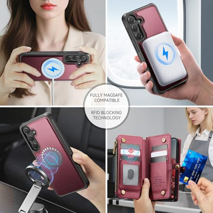 Defencase for Galaxy S25 Case Wallet Compatible with Magsafe 6.2", Wine Red | Magnetic Detachable, with RFID Bolcking Card Holder, Zipper Strap, PU Leather Drop-Proof Phone Cover for Samsung Galaxy S25 - color: (Detachable with Magsafe)-Wine Red