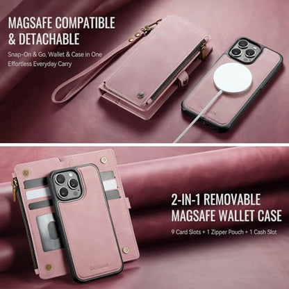 Defencase for iPhone 15 Pro Max Case Wallet Compatible with Magsafe, Pink | Drop-Proof Magnetic Detachable Phone Cases Cover, with RFID Bolcking Card Holder, Zipper Strap, PU Leather, Removable Wallet - color: (Detachable with Magsafe)-Pink