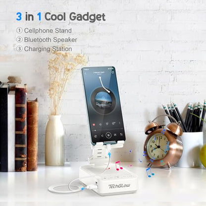 TechGlow Gifts for Men Women Foldable Cellphone Stand with Bluetooth Speaker Charging Function 360° Rotatable Phone Stand Birthday Gift Idea for Mom Dad Cool Tech Gifts-White - color: White