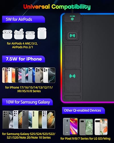 Wireless Charging Mouse Pad with Phone Stand, 31.5"x15.8" Large - color: RGB-Stand