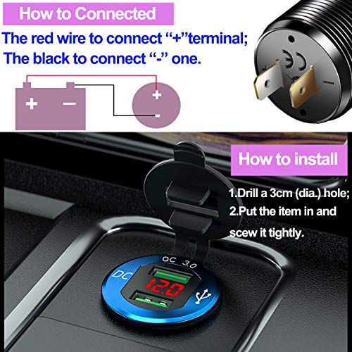 iMESTOU Aluminium Quick Charge 3.0 Marine Dual USB Phone Charger Adapter Waterproof Car USB Socket Outlet DIY Kit with Voltmeter 10A Fuse for 12V/24V Motorcycle Automotive Boat Bus Truck ATV UTV RV