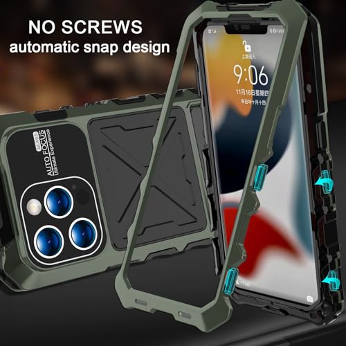 Simicoo Compatible with iPhone 16 Pro Max Metal Bumper Military Rugged Silicone Case Heavy Duty Armor Defender Metal Case with Stand Built-in Gorilla Glass Full Cover Dustproof Cover (Green)