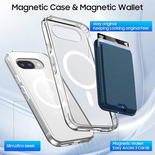 Magnetic for Google Pixel 9A Wallet Case with Card Holder﻿ | Compatible with MagSafe, Shockproof Phone Cover with Detachable RFID Blocking Card Slot, Clear & Blue - color: Clear with Blue, size: Pixel 9A