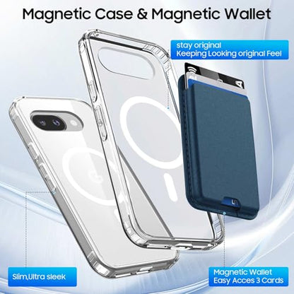 Magnetic for Google Pixel 9A Wallet Case with Card Holder﻿ | Compatible with MagSafe, Shockproof Phone Cover with Detachable RFID Blocking Card Slot, Clear & Blue - color: Clear with Blue, size: Pixel 9A