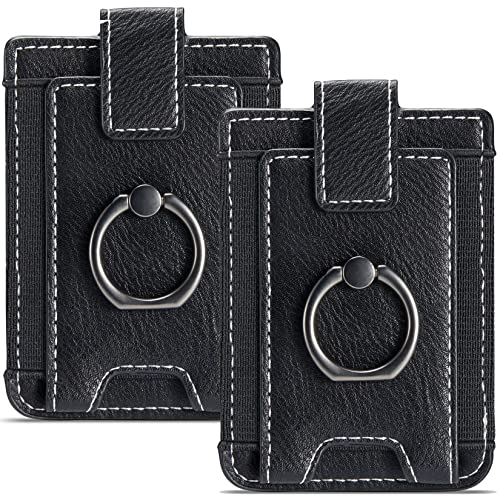 2Pcs RFID Leather Card Holder for Phone, Stick-On Wallet with Ring | Phone Wallet Stick On Back Of Phone Case. Adhesive For iPhone Wallet Holds Credit Cards/ID/Pockets. Viewing Freely Ring Stand - color: Black+Black