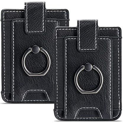2Pcs RFID Leather Card Holder for Phone, Stick-On Wallet with Ring | Phone Wallet Stick On Back Of Phone Case. Adhesive For iPhone Wallet Holds Credit Cards/ID/Pockets. Viewing Freely Ring Stand - color: Black+Black