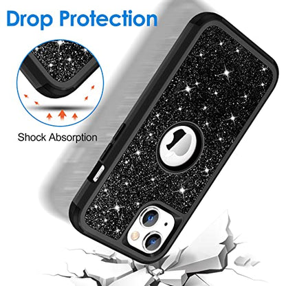 Hython Case for iPhone 13 Case Glitter, Cute Sparkly Shiny Bling Sparkle Cover, Heavy Duty 3 in 1 Hybrid Hard PC Soft TPU Bumper Full Body Shockproof Protective Phone Cases for Women Girls, Black - color: Black