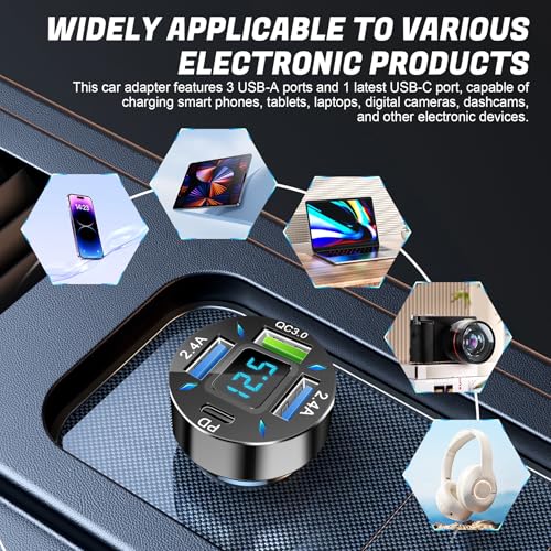 LivTee 4-Port Car Charger, 12-24V Cigarette Lighter Adapter with 3 USB & 1 USB-C Port, Supports QC/PD Fast Charging, Features Digital Display and LED Lights, Fits iPhone, Fits Samsung and More Phones