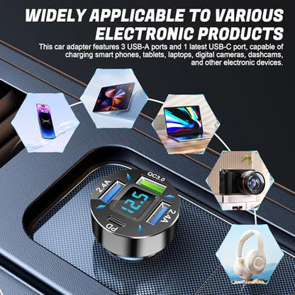 LivTee 4-Port Car Charger, 12-24V Cigarette Lighter Adapter with 3 USB & 1 USB-C Port, Supports QC/PD Fast Charging, Features Digital Display and LED Lights, Fits iPhone, Fits Samsung and More Phones
