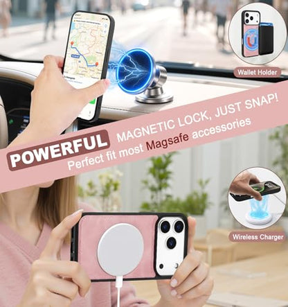 for iPhone 17 Pro Wallet Case, [Compatible with Magsafe] [Magnetic Detachable] [RFID Blocking] PU Leather Case with Card Holder & Crossbody Strap for Women Men, Pink - color: Pink
