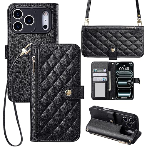 Wallet Phone Case Crafted for iPhone 17 Pro Black | Women Wallet Flip Case Cover Wrist Strap Zipper Credit Card Holder Slots PU Leather - color: Black, size: iPhone 17 Pro