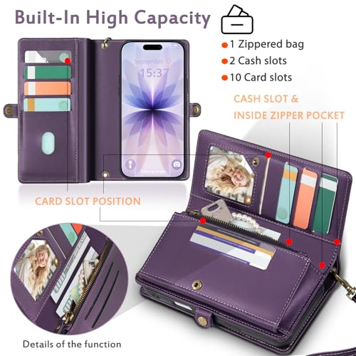 for Wallet Case Compatible with iPhone 17,Multi-Function Detachable 3 in 1 Magnetic iPhone 17 Case Wallet,Flip Strap Zipper Card Holder Phone Case with Shoulder Straps (Pruple) - color: Purple, size: iPhone 17