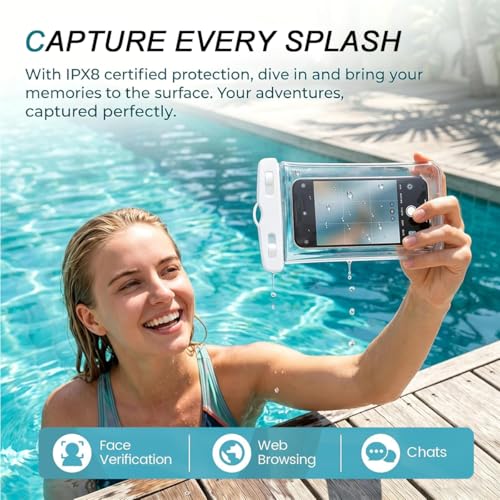 Waterproof Phone Pouch,Underwater IPX8 Phone Case for iPhone 17/16 Pro Max | Phone Dry Bag for Beach Playing &Swimming,Snorkel,Skiing,Surfing Cruise Essentials,Touch Screen with Lanyard(Fits Up to 7.2") - color: White