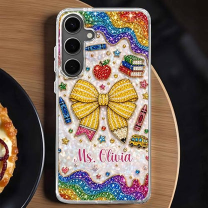 Teaching is A Work of Heart Pencil Bow and Apple - Personalized Clear Phone Case Cute Teacher Appreciation Week Gift Back to School Protective Cover for Women
