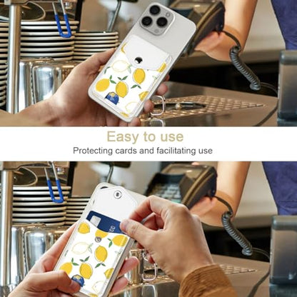 Self Adhesive Card Holders for Back of Phone, Leather RFID Phone Wallet Pockets with Snap, Card Holders Sleeve for Phone Case, Lemon - color: Lemon Pattern