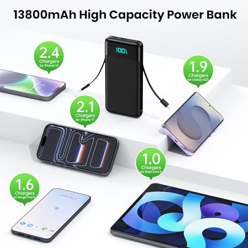 Portable Charger with Built-in AC Plug and Cables,13800mAh All in One USB C Fast Charging Power Bank,Travel Essentials Portable Phone Charger Battery Pack for iPhone 18/17/16/15/14/13,Galaxy,Android - color: Black