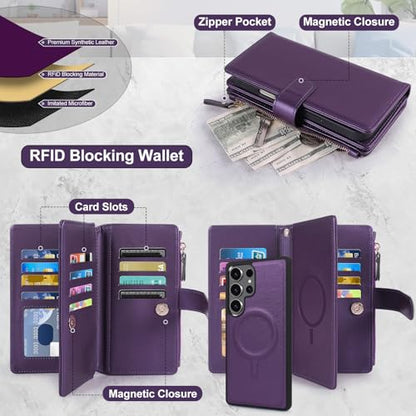 Magnetic Case for Samsung Galaxy S25 Fe Wallet Compatible with Magsafe RFID Blocking Card Holder Detachable Phone Cover Kickstand Snap Strap Zipper Pocket PU Leather (Purple) - color: Purple, size: Galaxy S25 Fe