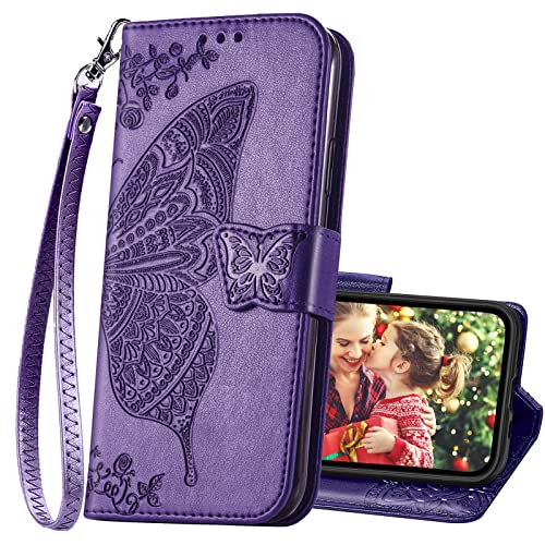 for iPhone 13 Pro Case Wallet for Women,Purple | Flip Folio Butterfly Embossed PU Leather Kickstand Credit Card Holder Slots Magnetic Wrist Strap Phone Cover - color: Purple