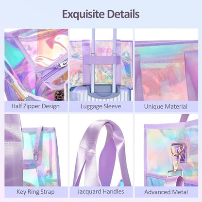 Iridescent Beach Bag for Women, 26L Extra Large Clear Waterproof Sandproof Tote Bag, Zipper Closure with Touchscreen Phone Pouch Adjustable Crossbody Strap for Beach Pool Travel Gym Vacation